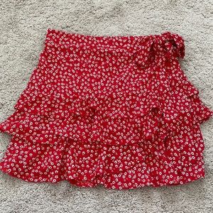 Flourishing Moments Red Floral Print Side-Tie Tiered Mini Skirt